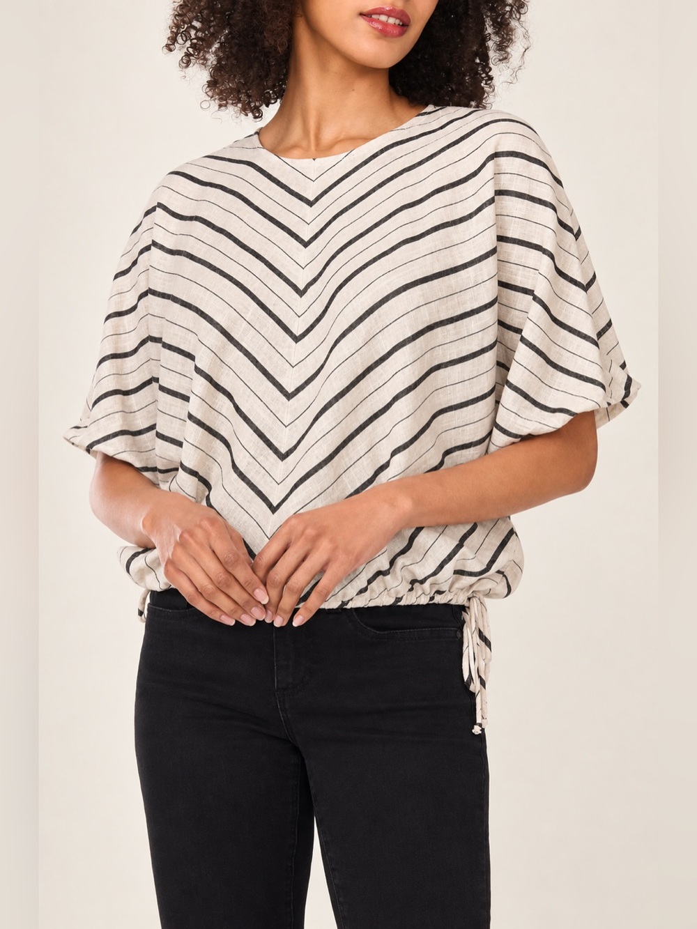 Halogen Double Side Tie Top Black Ivory Striped Linen Blend Blouse EUC $78